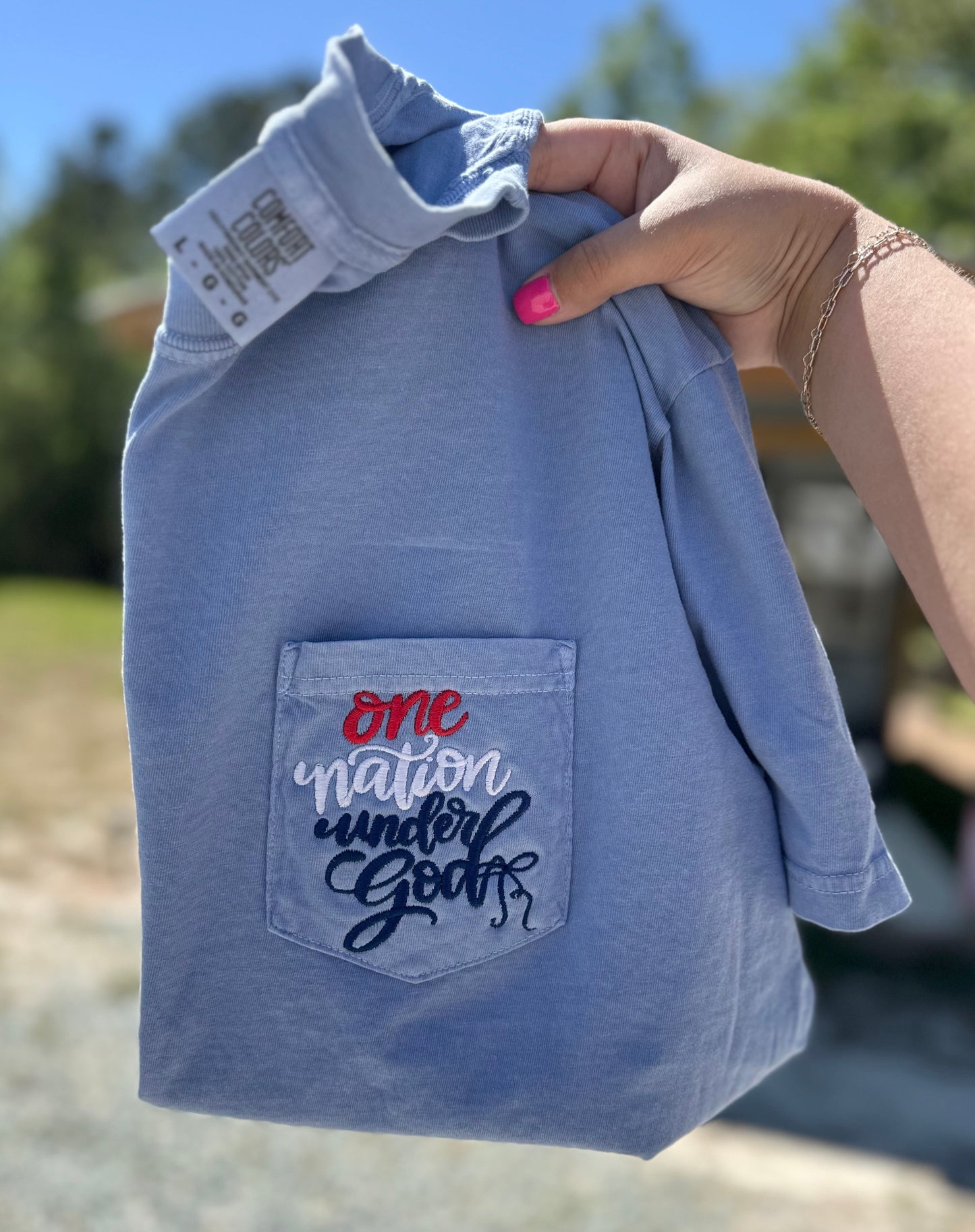Embroidered One Nation Under God Pocket Tee