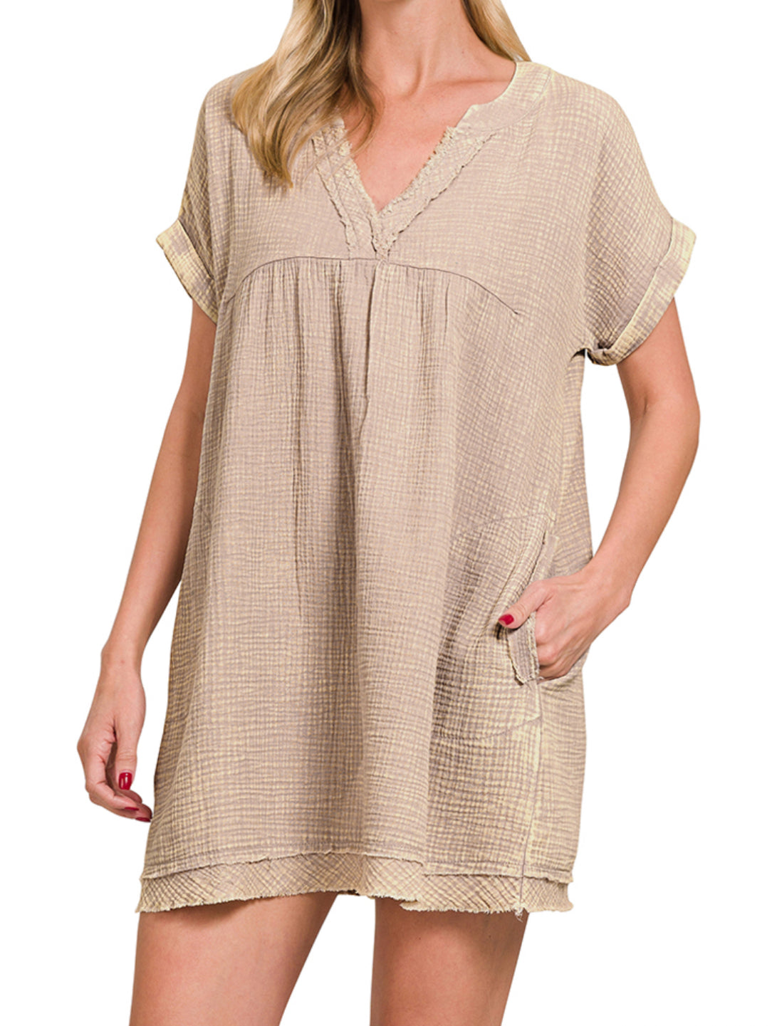 Zenana Raw Edge V-Neck Dress