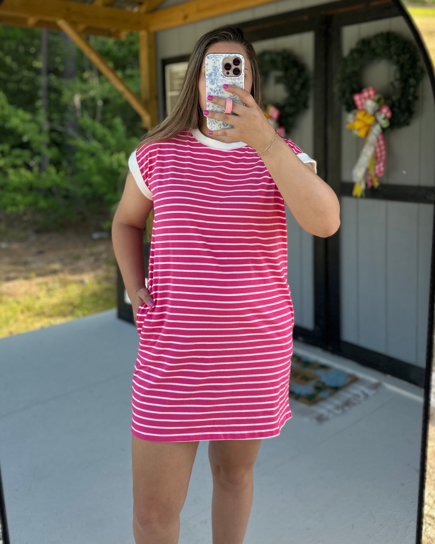 Hot Pink Striped T-Shirt Dress
