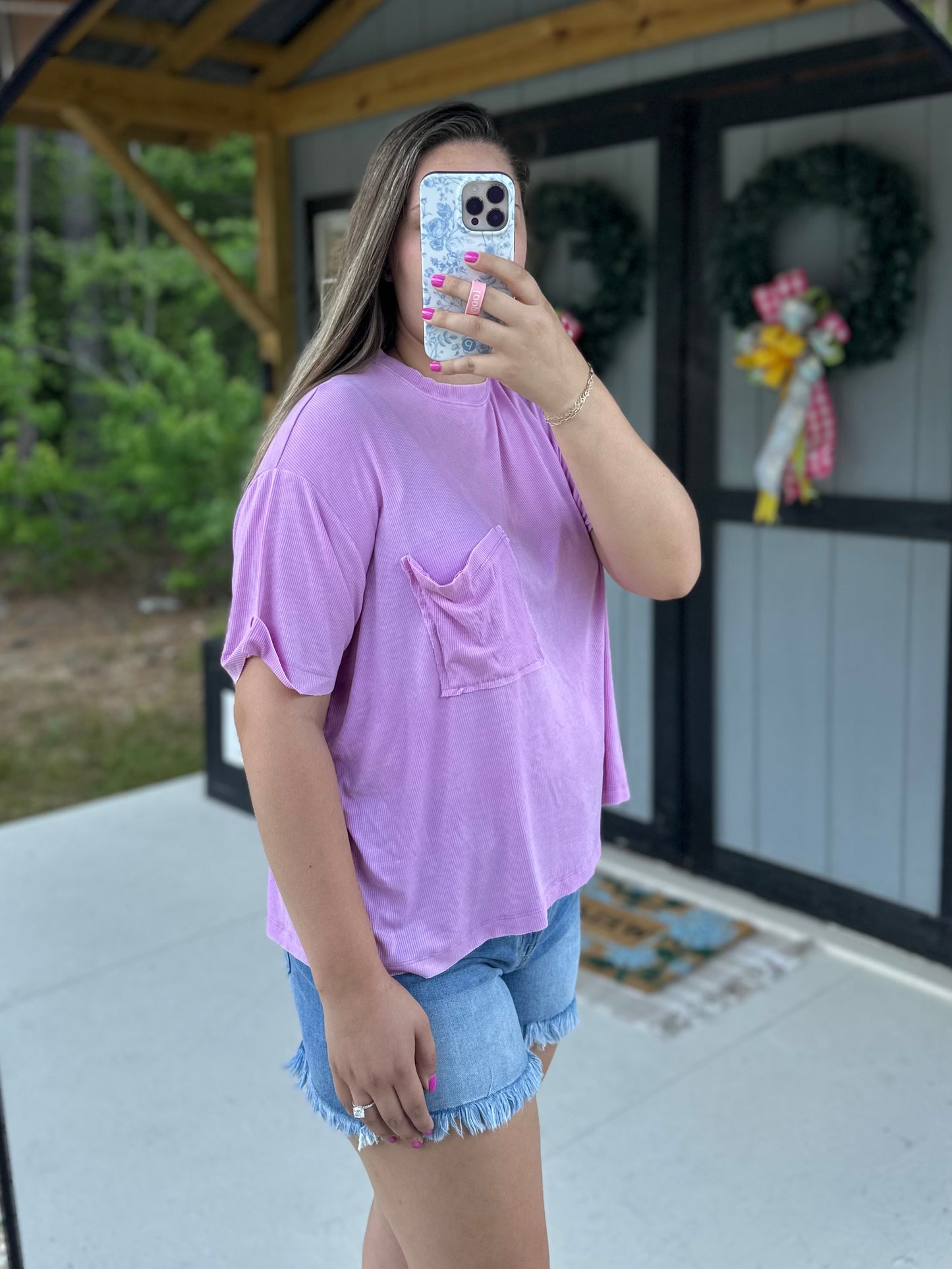Mauve Acid Wash Ribbed Short Sleeve