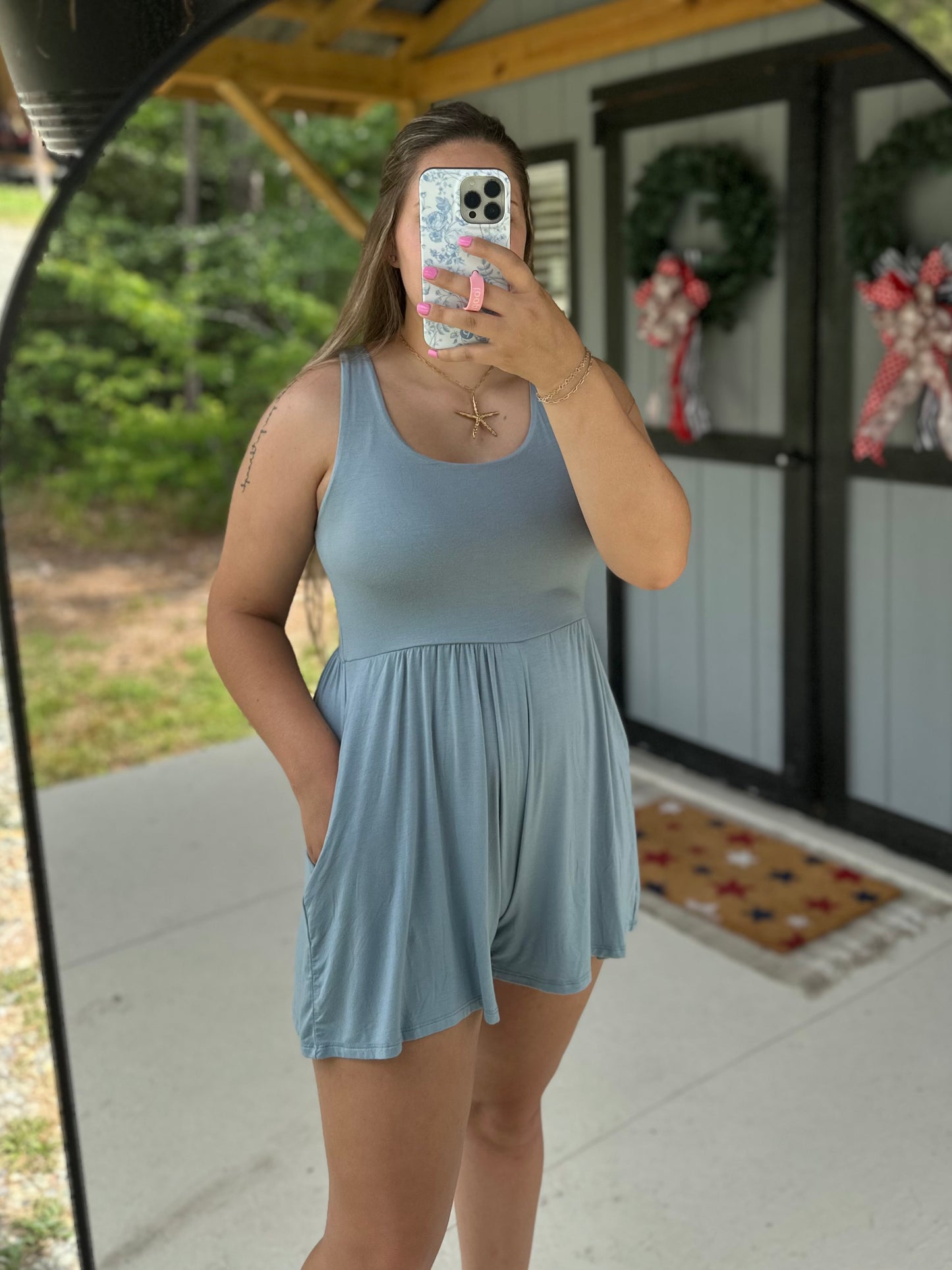 Dusty Blue Double Layered Tank Romper