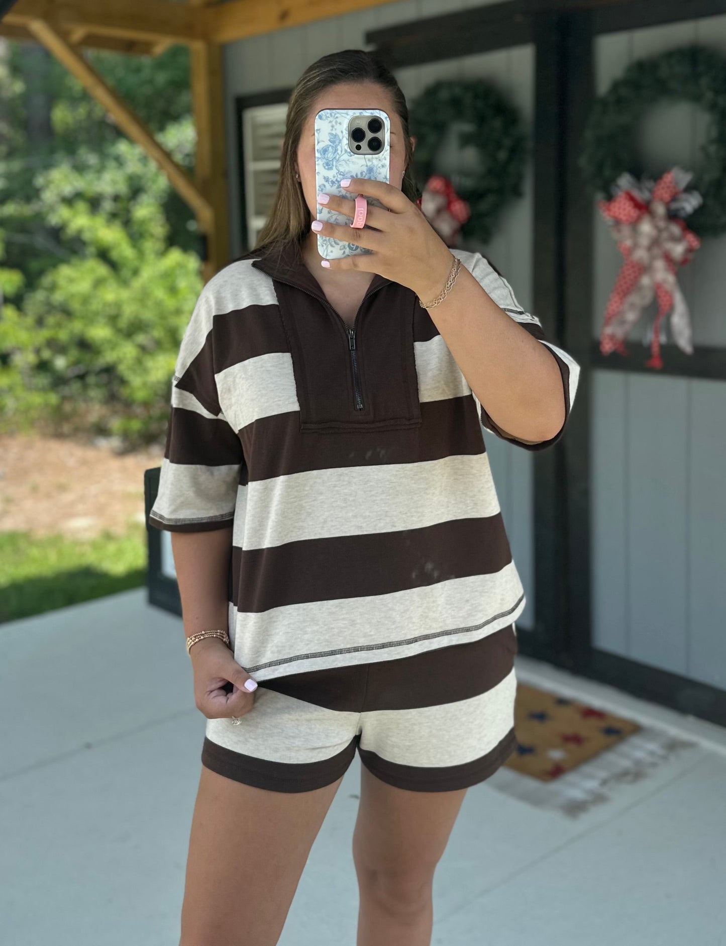 Brown Striped Half Zip Top & Short Set