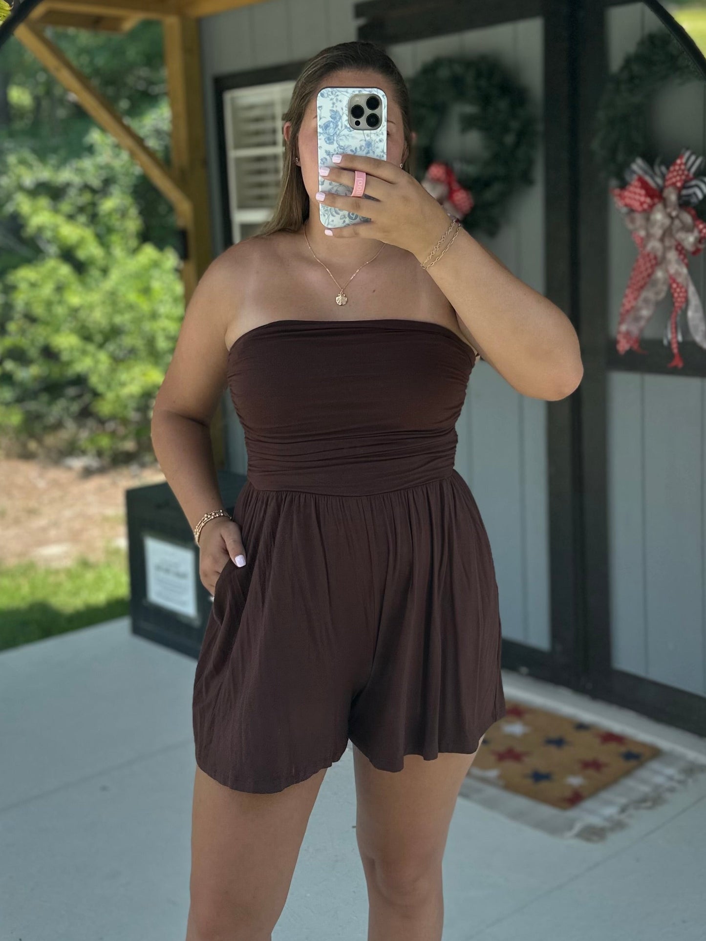 Brown Double Layered Strapless Romper