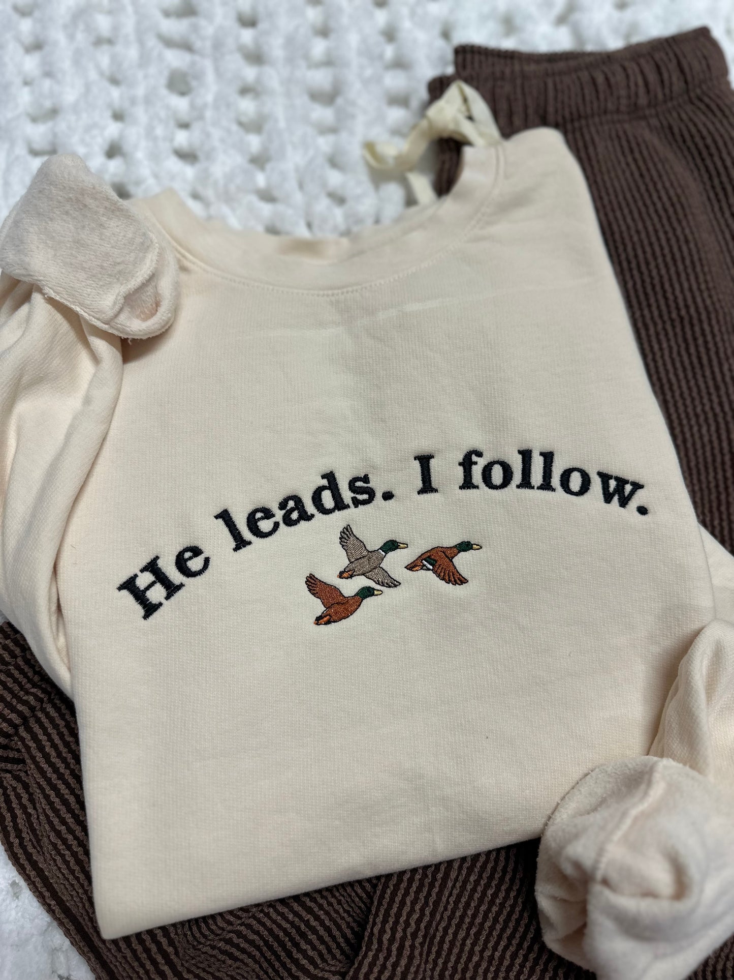 He Leads I Follow Embroidered Sweatshirt