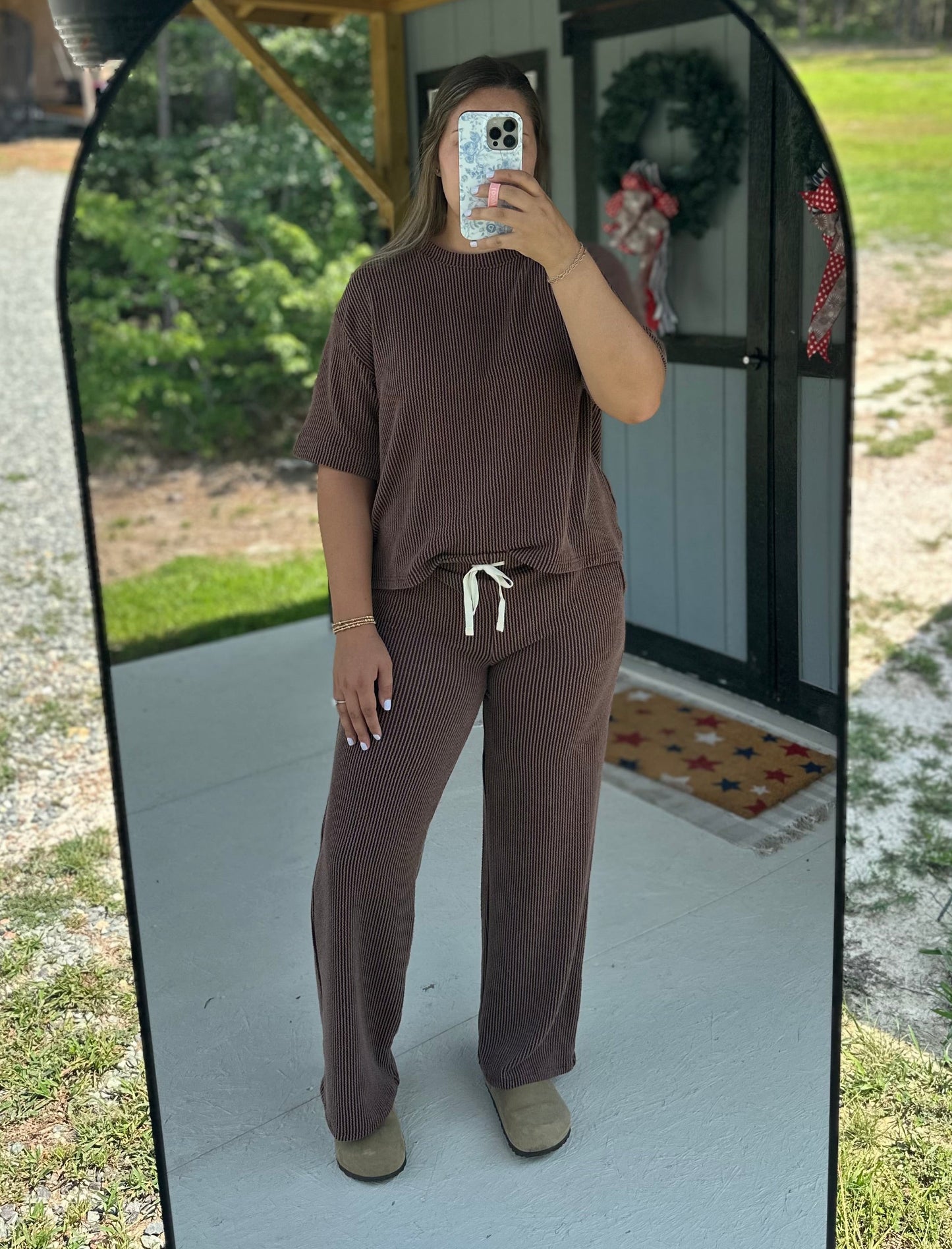 Dark Brown Ribbed Short Sleeve & Pants Set