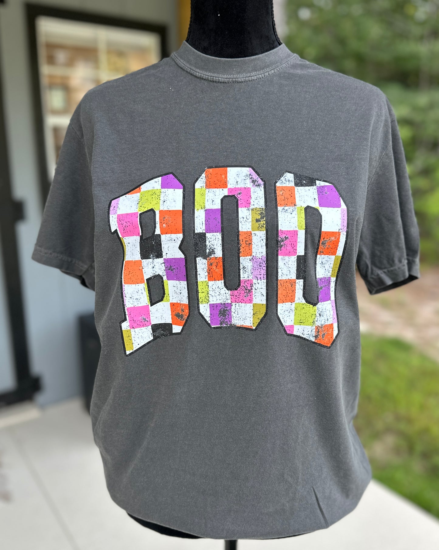 Distressed Checkered BOO Shirt