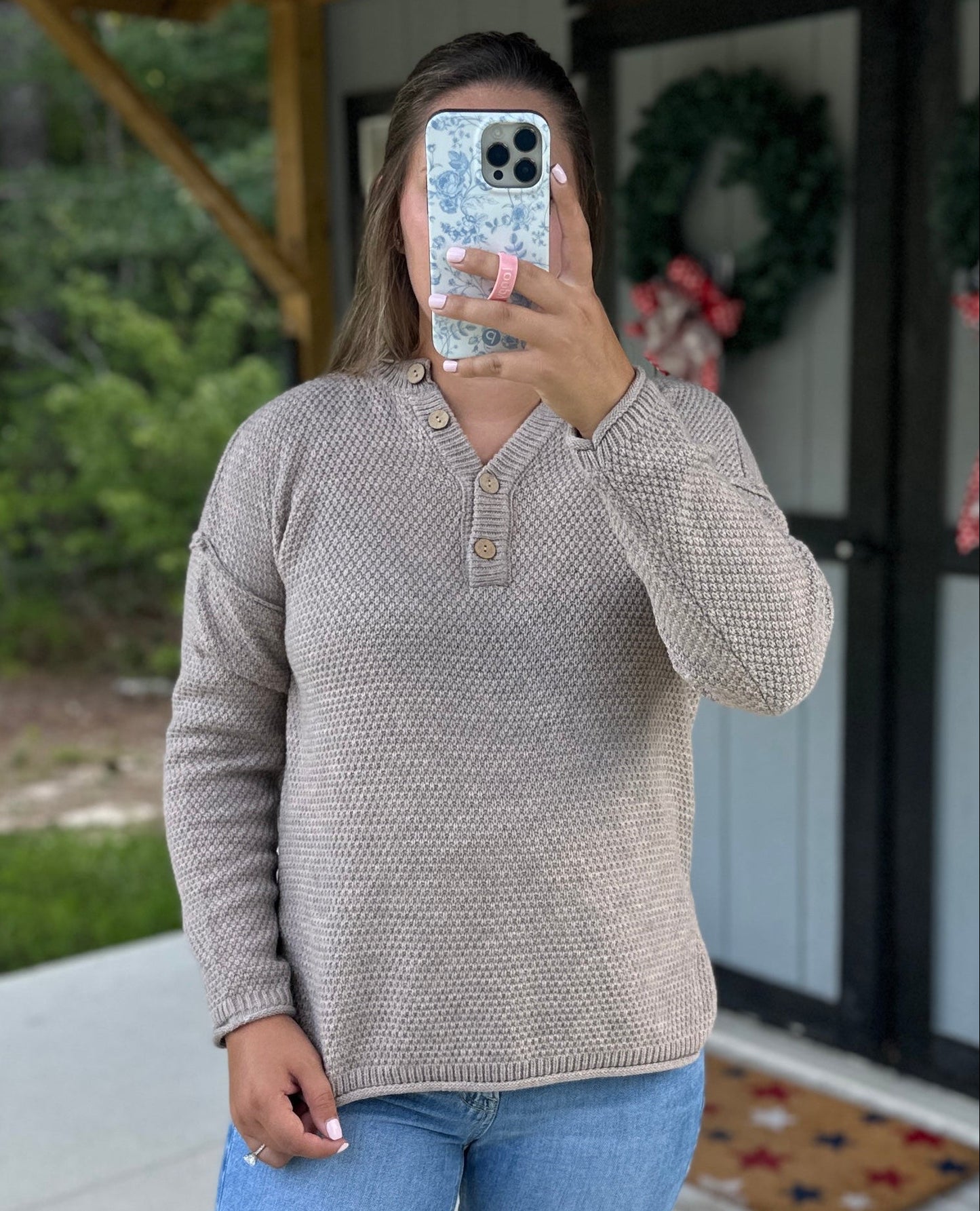 Heather Mocha Button Henley Sweater