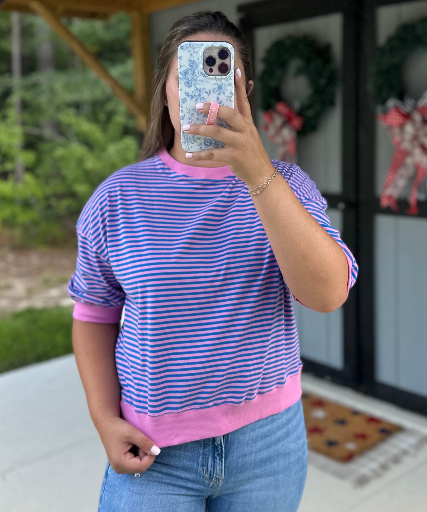 Pink & Purple Striped Rib Banded Top