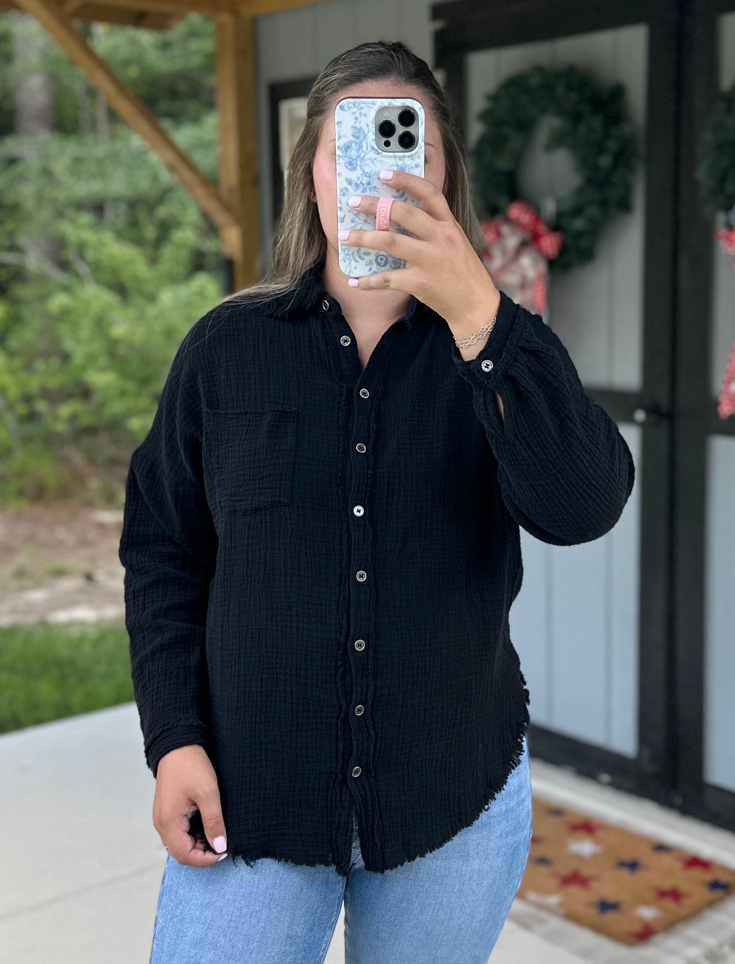 Black Double Gauze Oversized Button Up Shirt