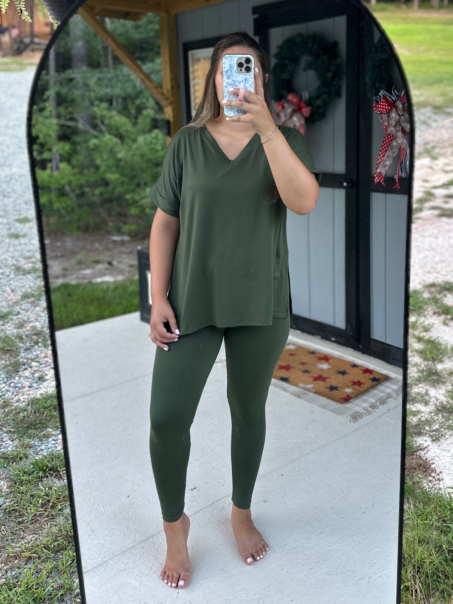 Olive Green V-Neck Top & Leggings Set