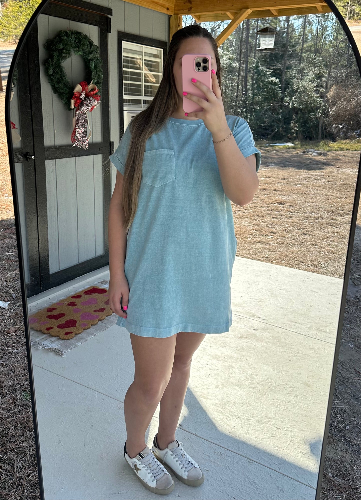 Dusty Teal Acid Wash T-Shirt Dress