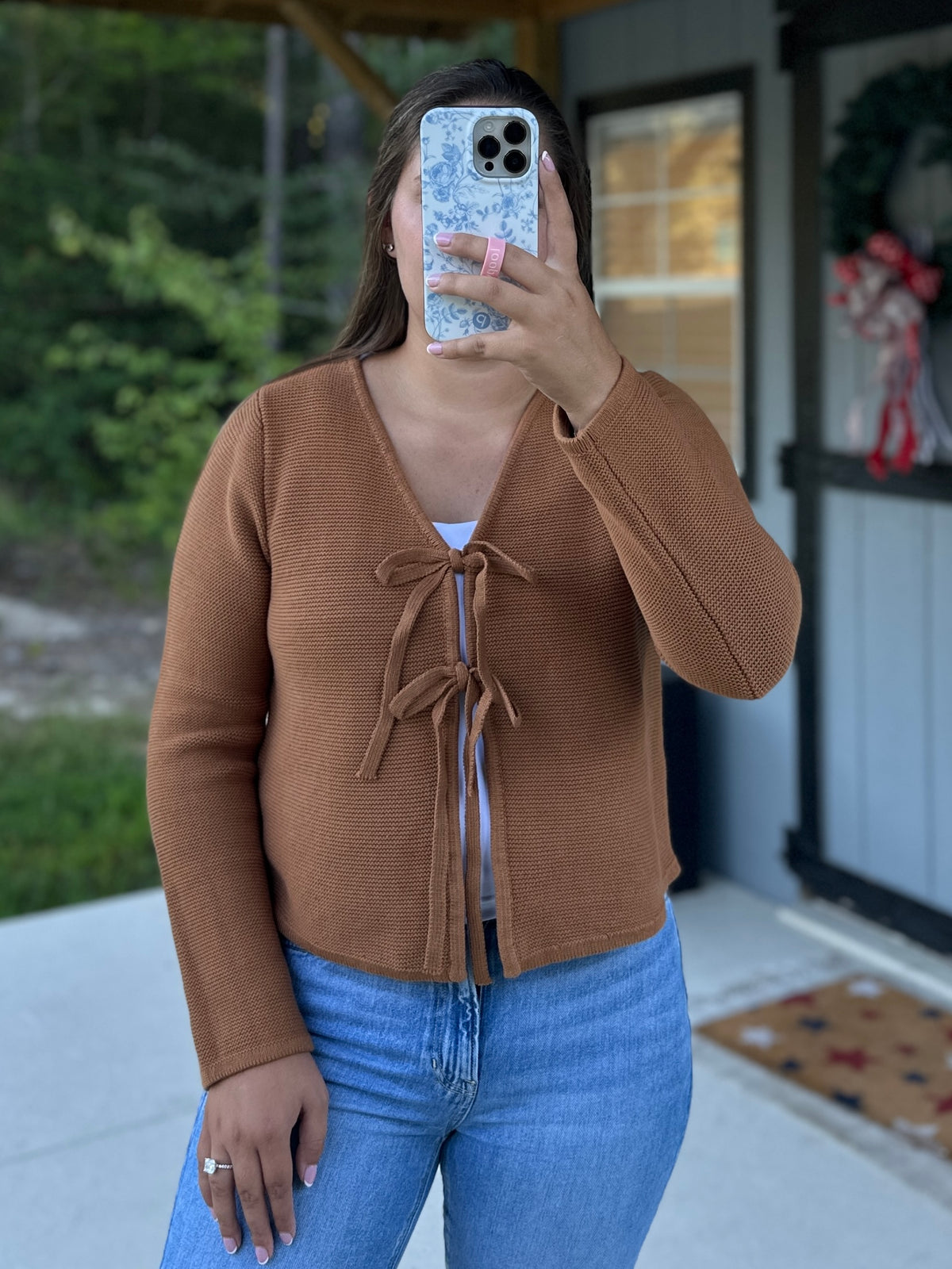 Deep Camel Front Tie Sweater Cardigan