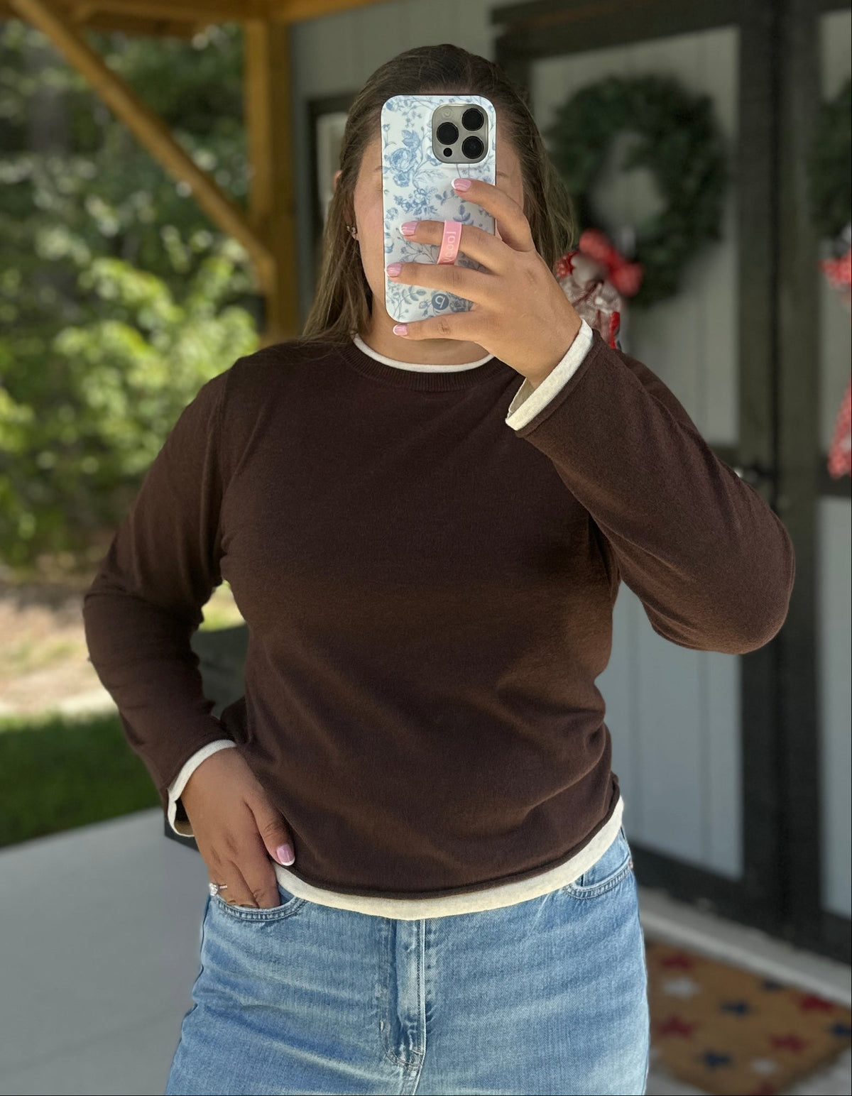 Brown Contrast Round Neck Sweater