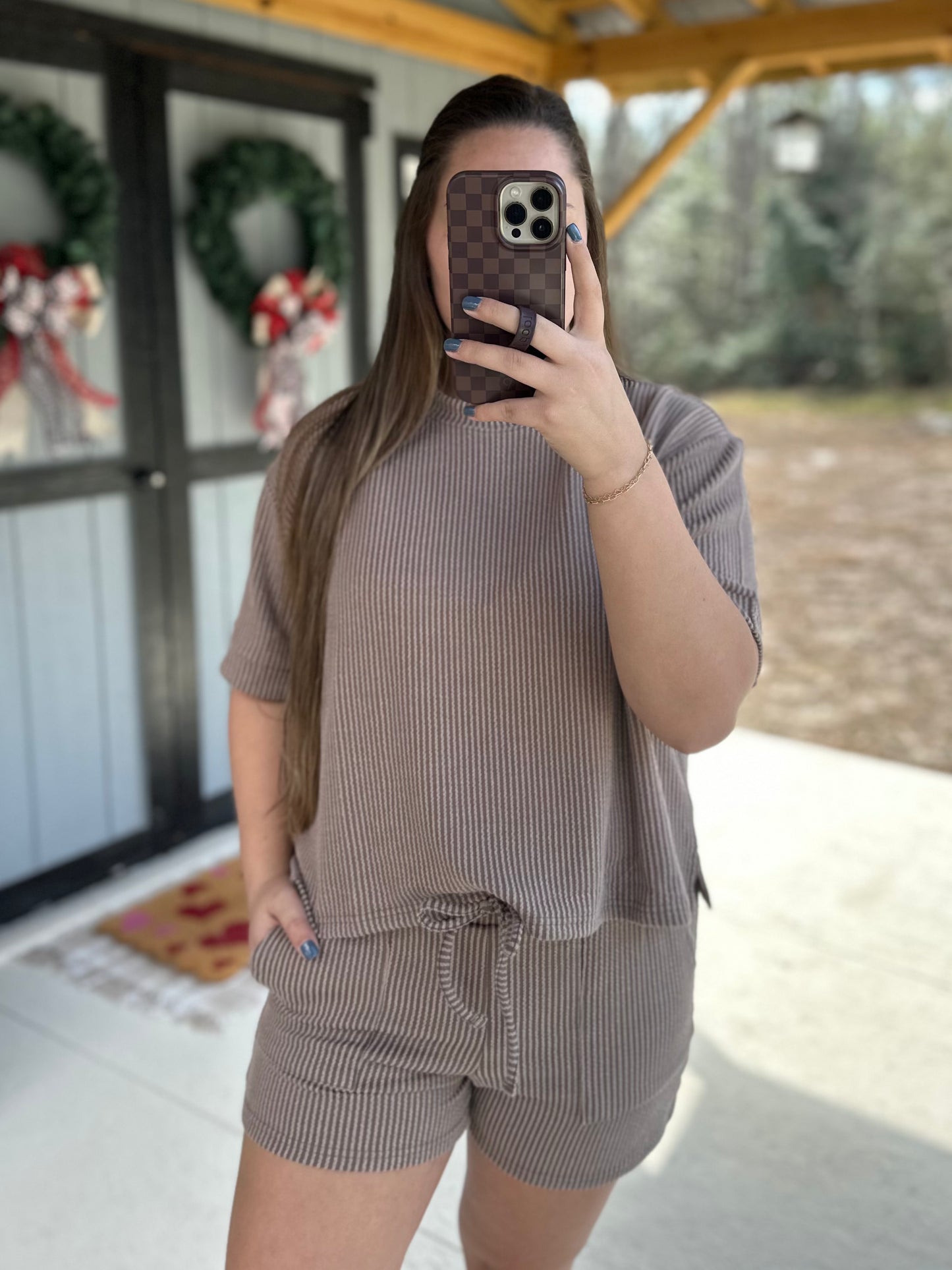 Mocha Ribbed Short Sleeve Set