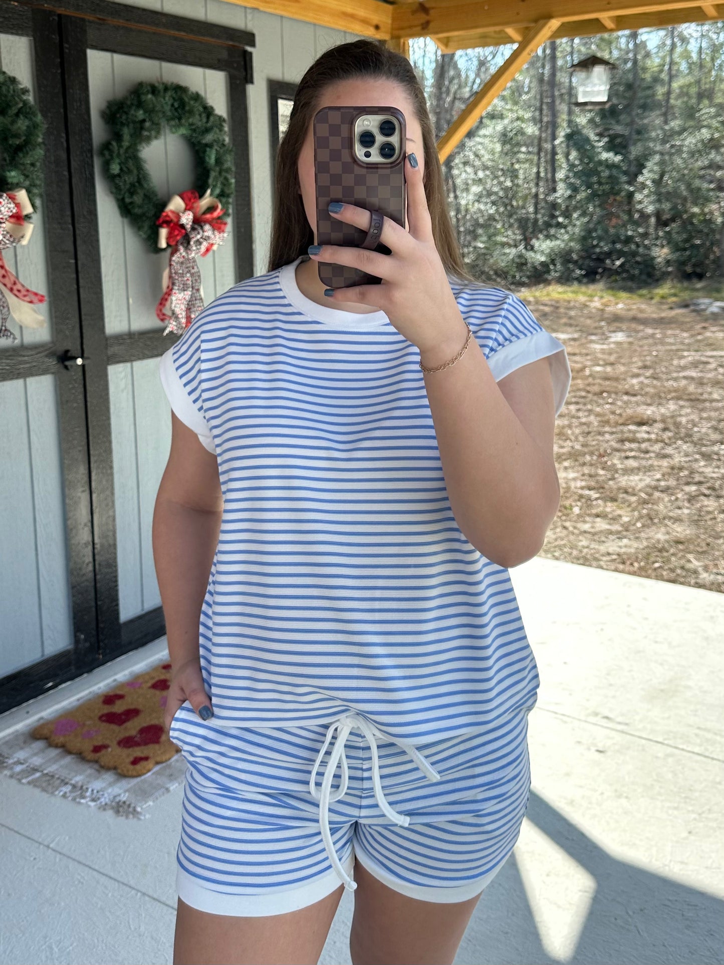 Light Blue Striped Short Sleeve Set