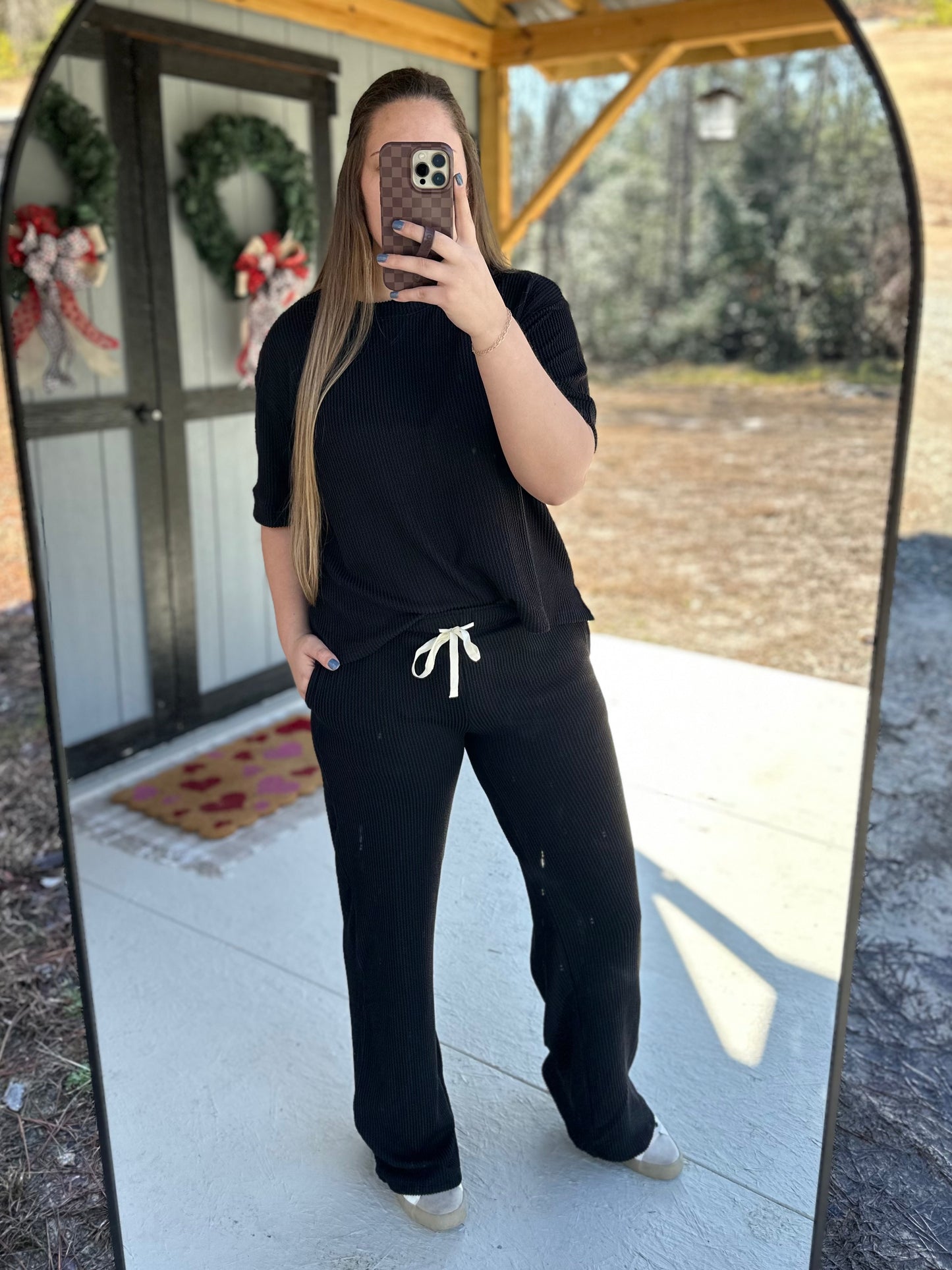 Black Ribbed Short Sleeve & Pants Set