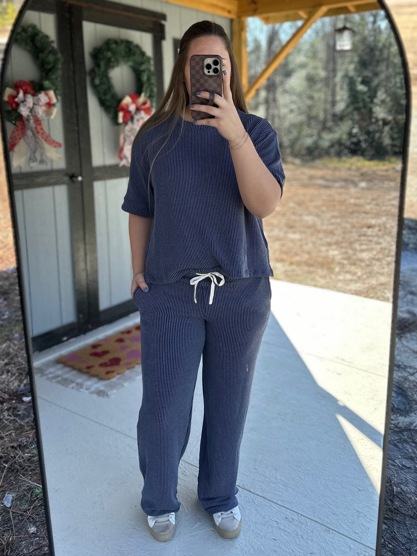 Navy Ribbed Short Sleeve & Pants Set