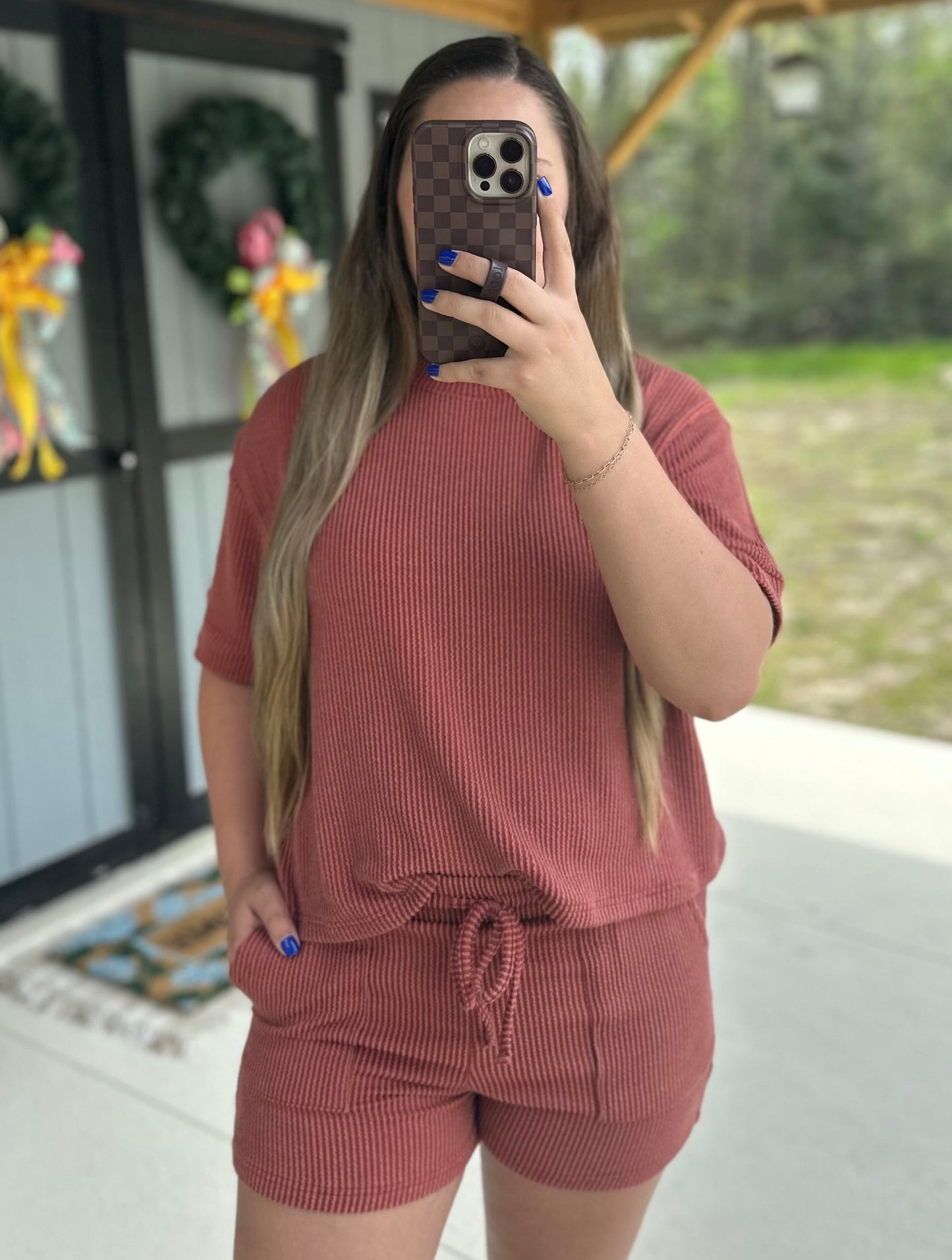 Rust Ribbed Short Sleeve Set