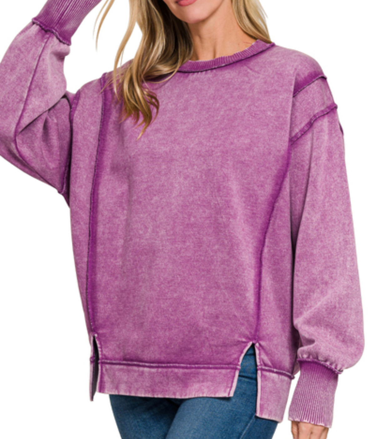 Zenana Acid Wash Exposed Seam Sweatshirt