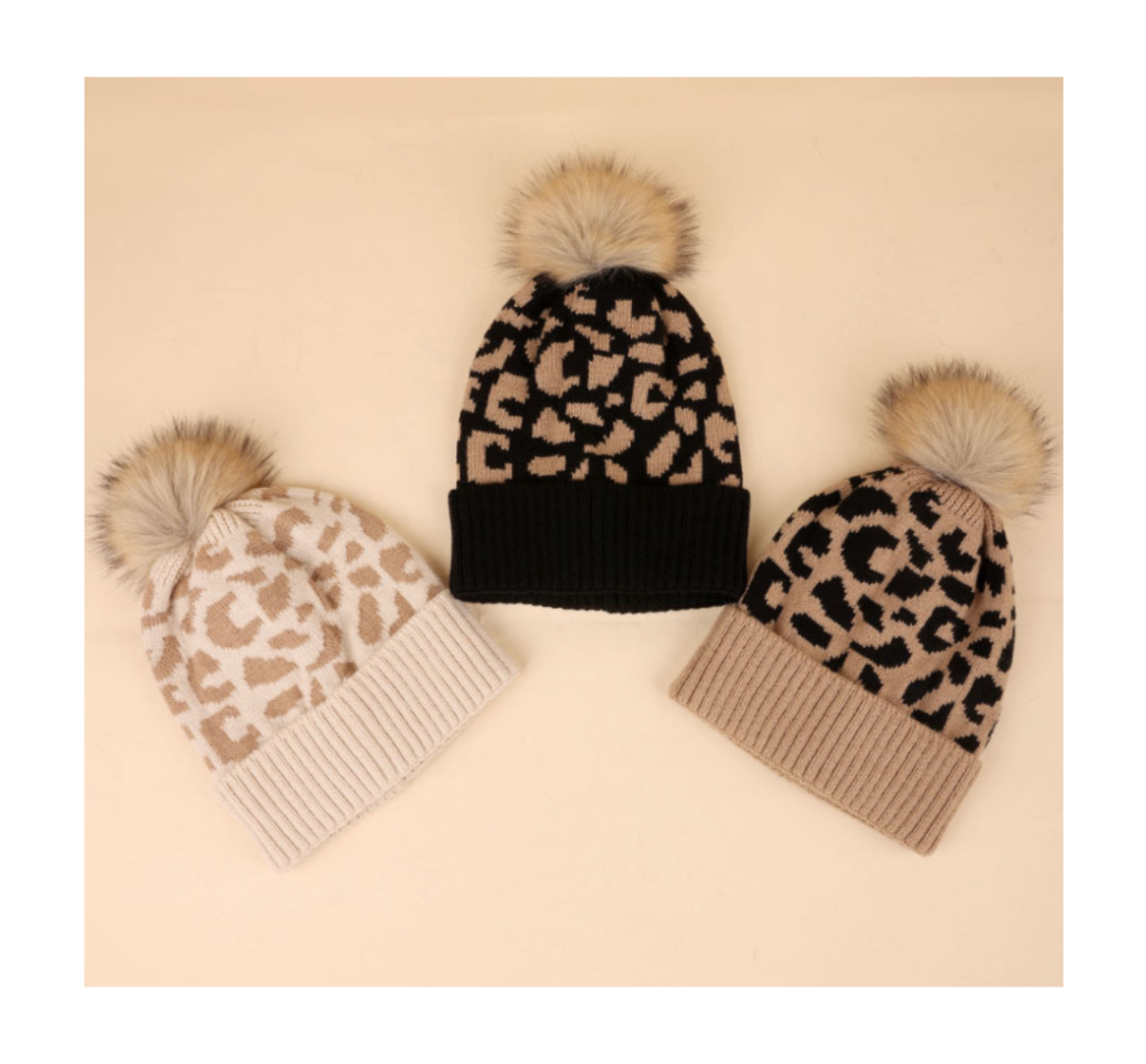 Leopard Pom Pom Beanie-3 Color Options