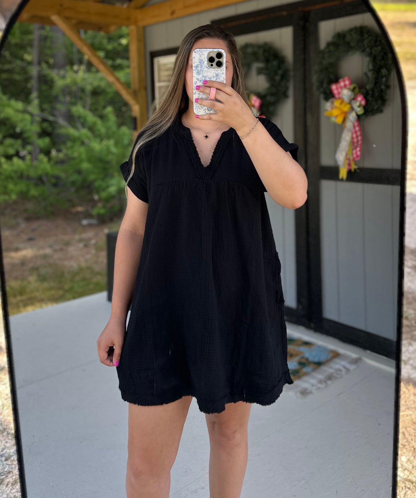 Black Raw Edge V-Neck Dress