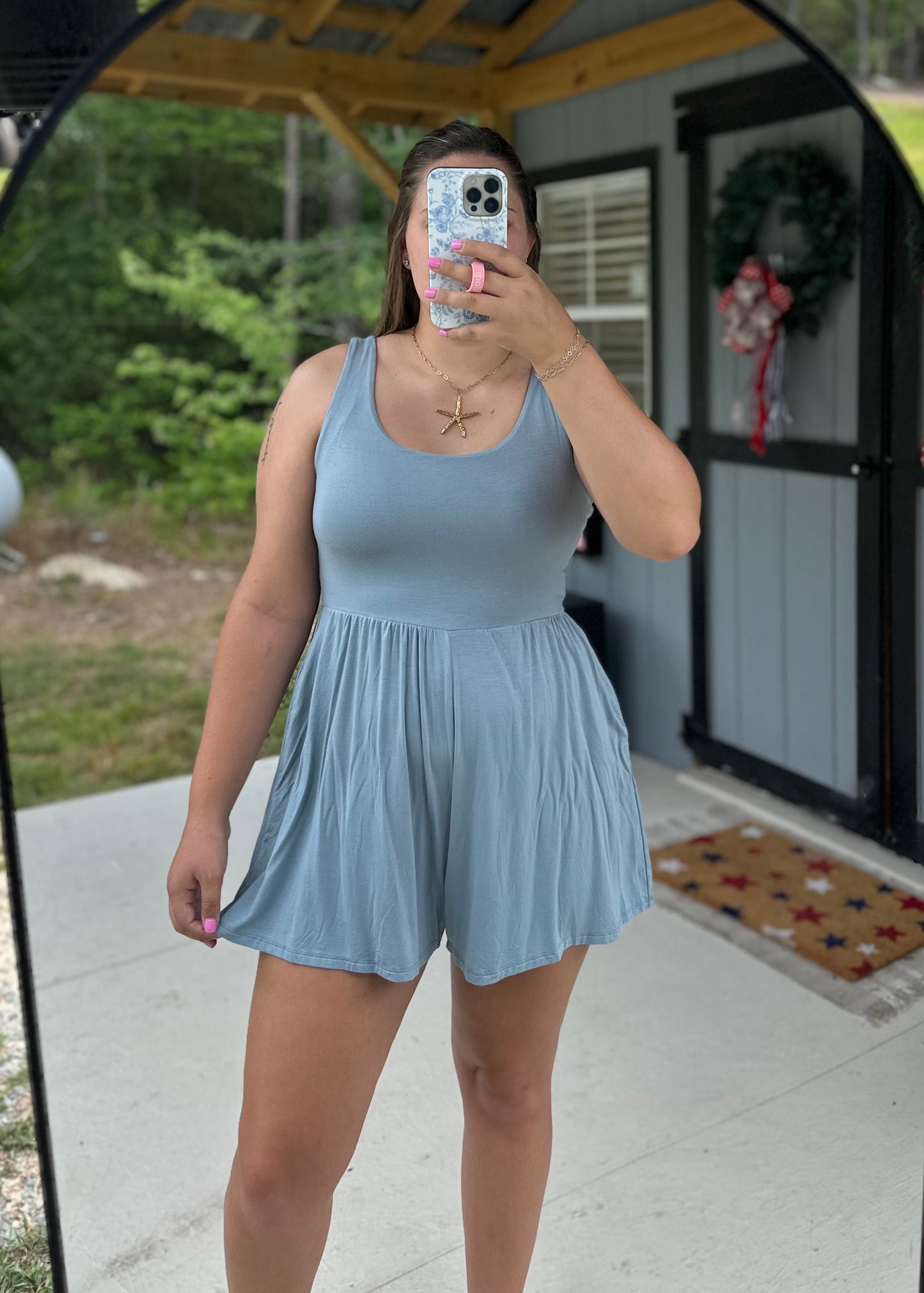 Dusty Blue Double Layered Tank Romper