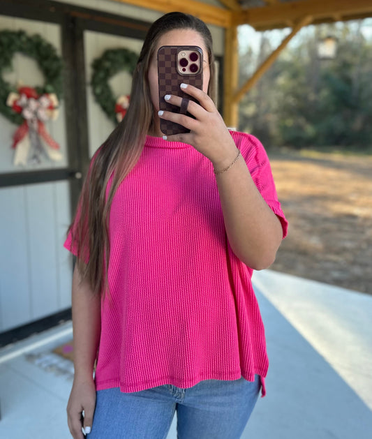 Hot Pink Rib Cuff Sleeve Top
