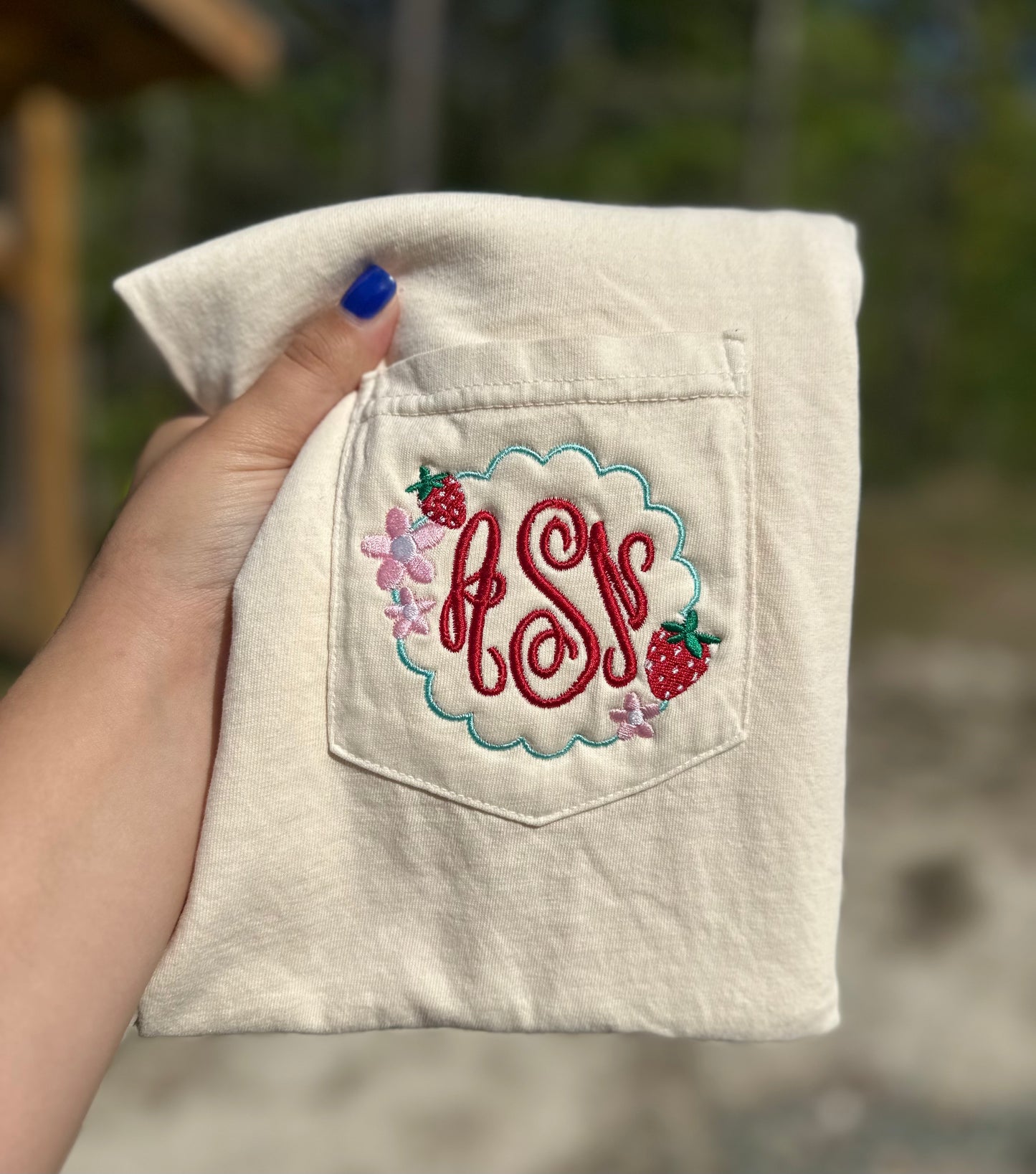Embroidered Strawberry Monogram Pocket Tee