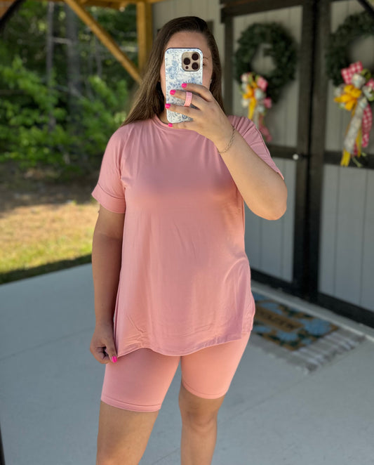 Tan Rose Tee & Biker Short Set