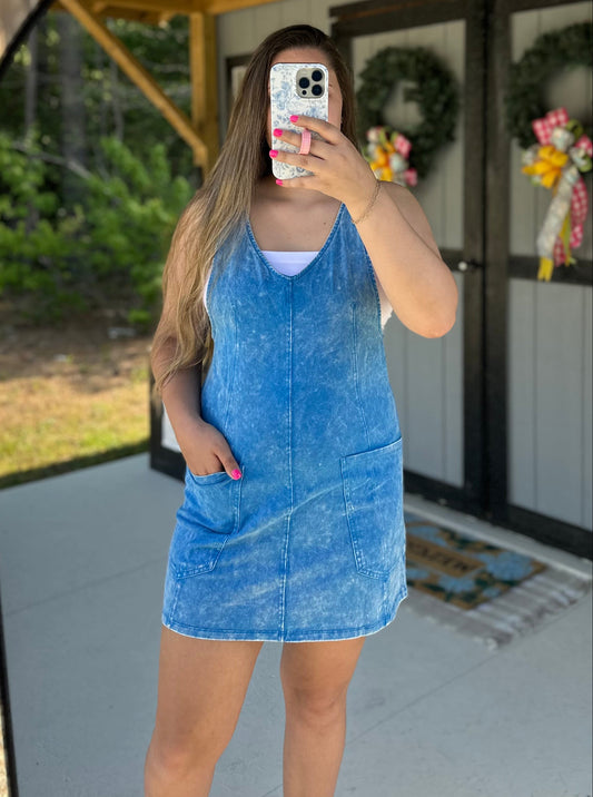Acid Wash Blue Cotton Dress With Pockets