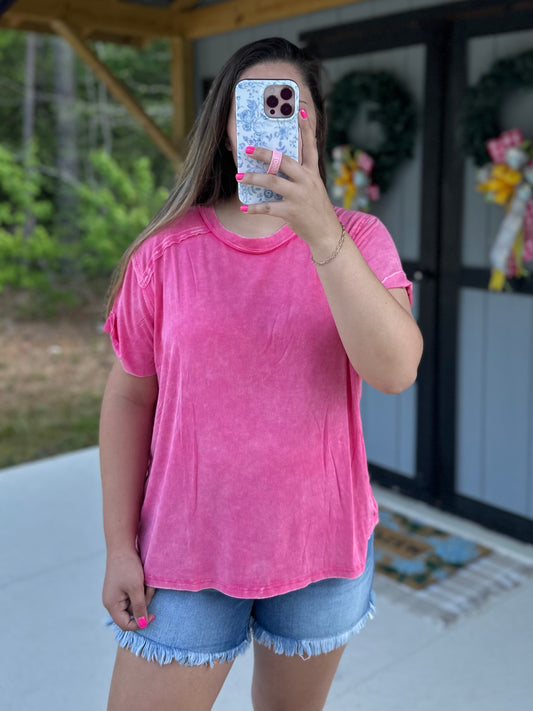 Fuchsia Acid Wash Ribbed Short Sleeve