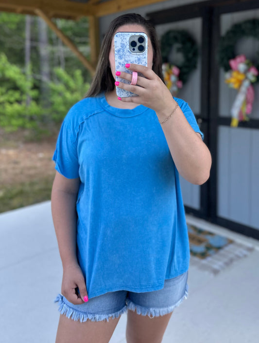 Blue Acid Wash Ribbed Short Sleeve