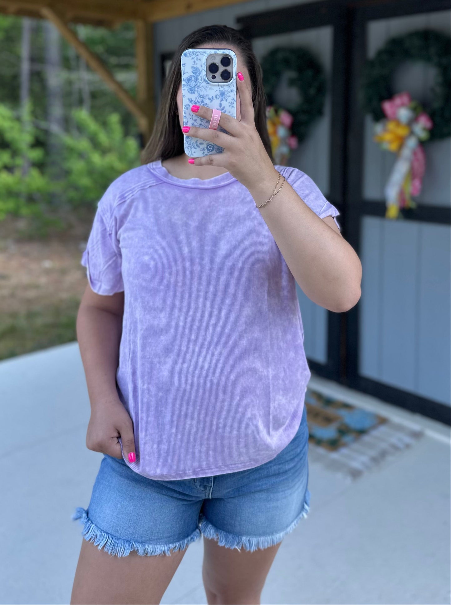 Lavender Acid Wash Ribbed Short Sleeve