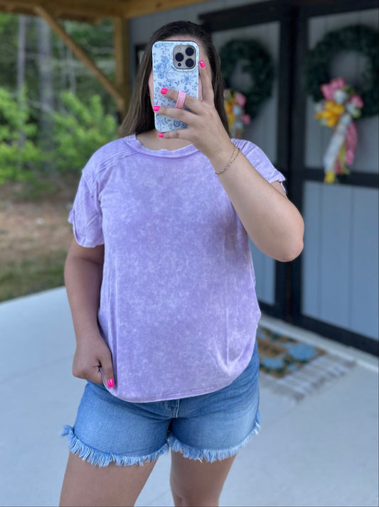 Lavender Acid Wash Ribbed Short Sleeve