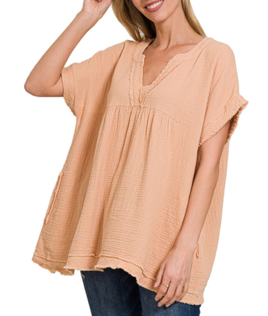 Zenana Raw Edge V-Neck Short Sleeve