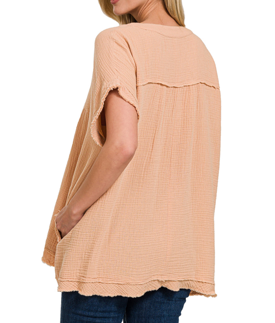 Zenana Raw Edge V-Neck Short Sleeve