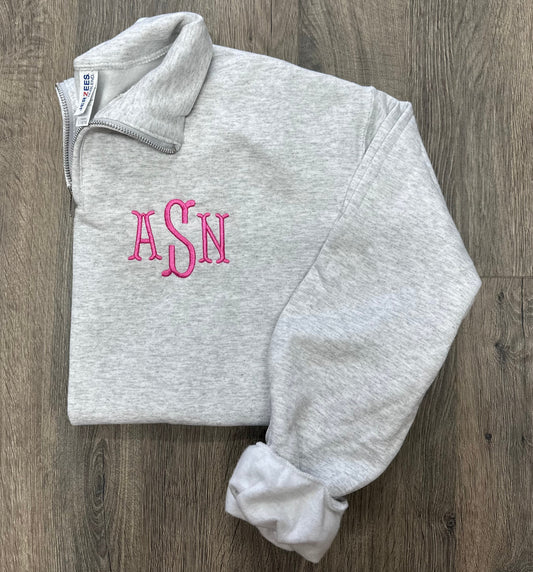 Embroidered Monogram Quarter Zip Sweatshirt