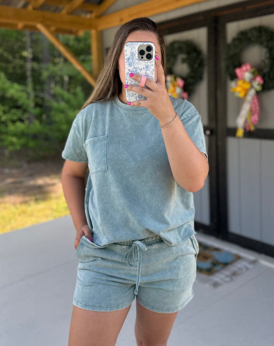 Ash Blue Acid Wash Short Sleeve Set