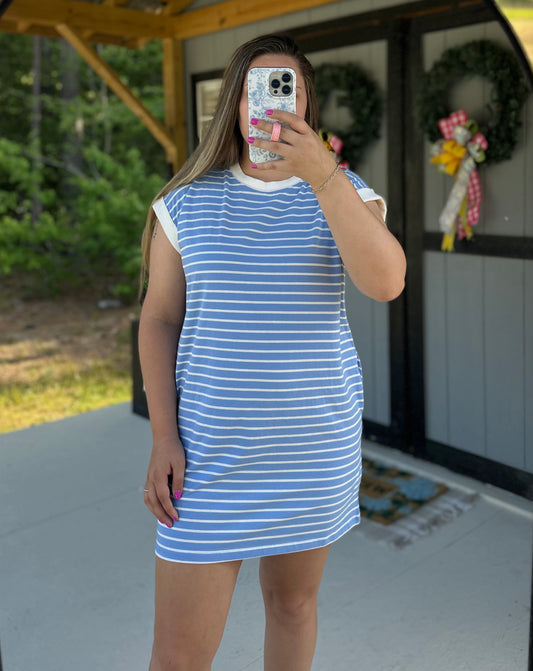 Sky Blue Striped T-Shirt Dress