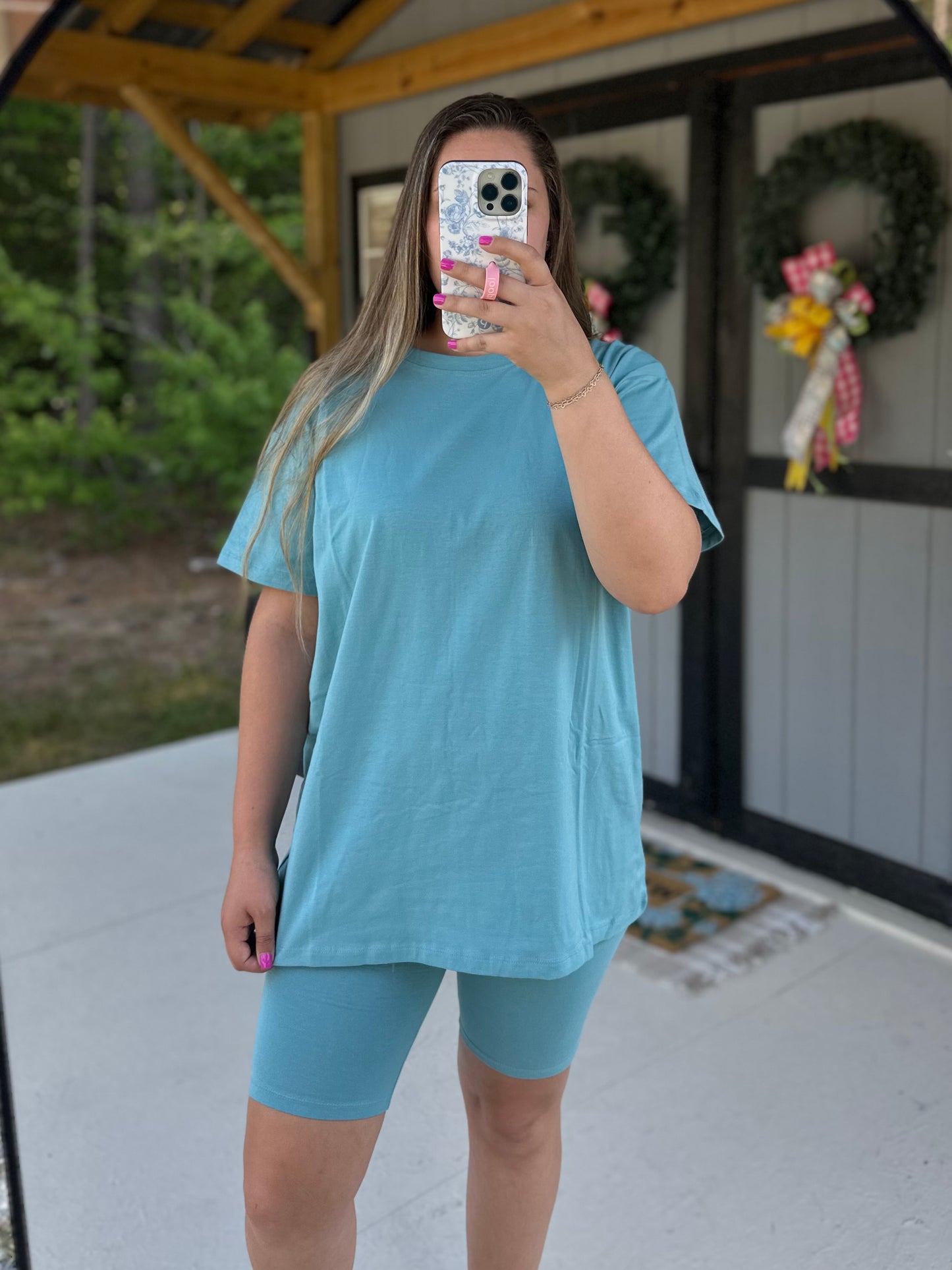 Dusty Teal Tee & Biker Short Set