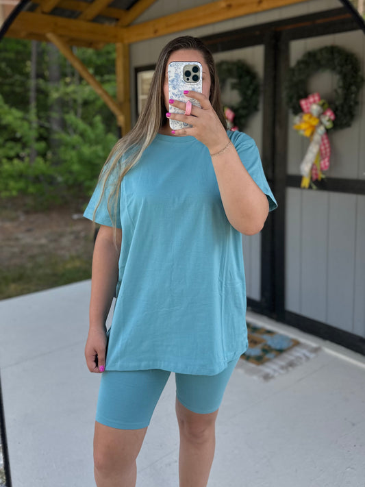 Dusty Teal Tee & Biker Short Set