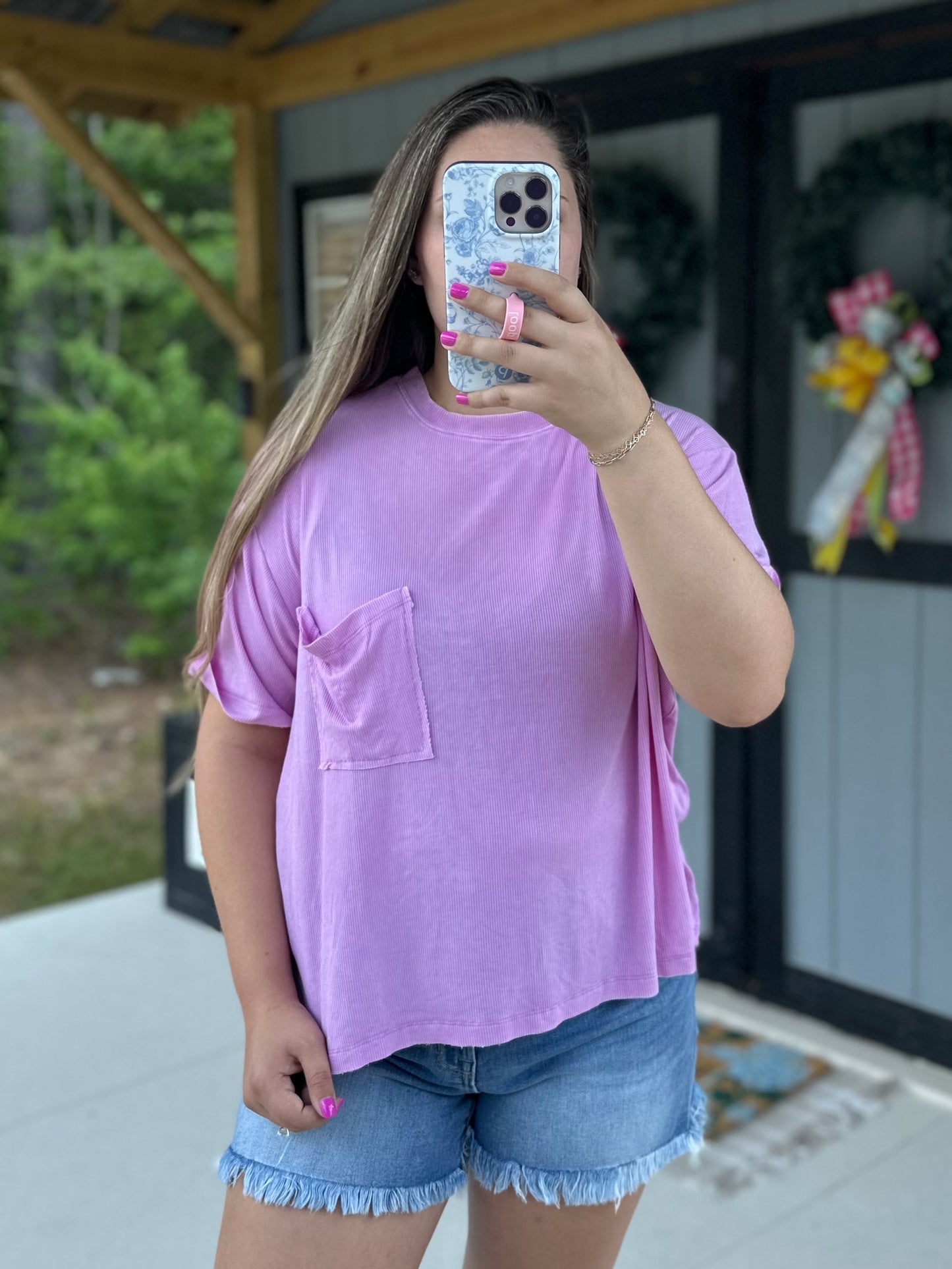 Mauve Acid Wash Ribbed Short Sleeve