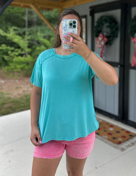 Turquoise Acid Wash Ribbed Short Sleeve
