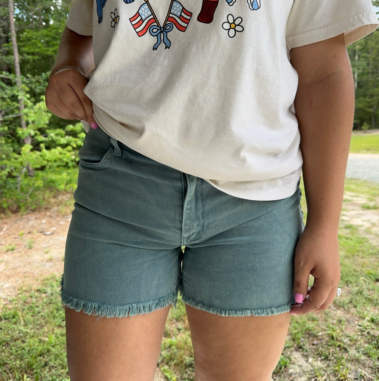 Teal Frayed Hem Shorts