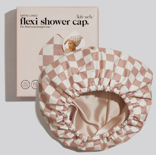 Kitsch Satin Lined Flexi Shower Cap - Terracotta Checker