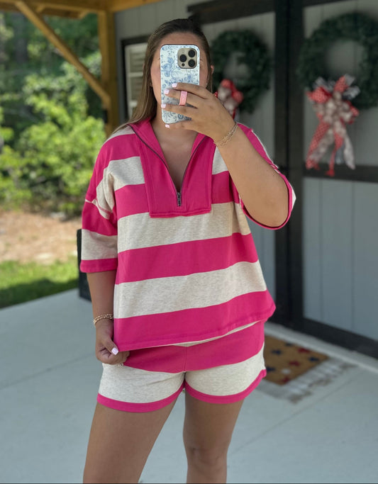 Hot Pink Striped Half Zip Top & Short Set