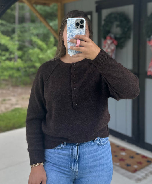 Dark Brown Half Button Henley Sweater