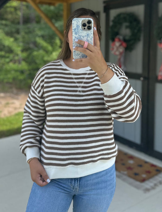 Mocha Striped Rib Banded Pullover