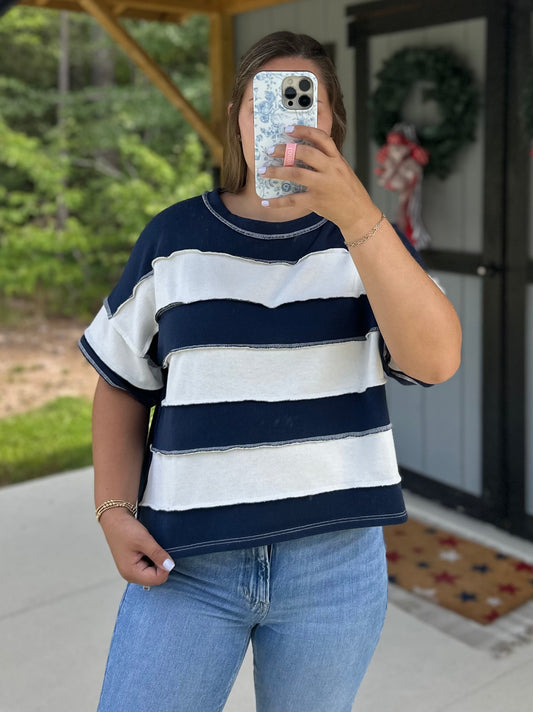 Navy Striped Exposed Seam Short Sleeve