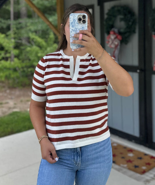 Rust Striped Split Neck Short Sleeve Sweater
